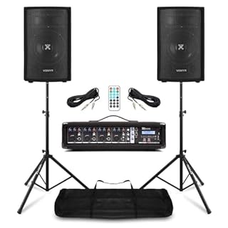VONYX Pack Sono Complet Max Music/Power Dynamics 2 Enceintes 8″ 800 W + Mixer-Ampli 4 Canaux + Pieds & Câbles - Système Audio Pro pour DJ, Groupe, Bar, Répétition