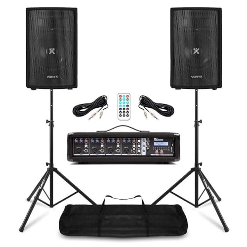 VONYX Pack Sono Complet Max Music/Power Dynamics 2 Enceintes 8″ 800 W + Mixer-Ampli 4 Canaux + Pieds & Câbles - Système Audio Pro pour DJ, Groupe, Bar, Répétition