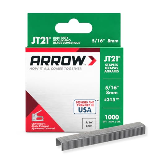Arrow 215 JT21 Thin Wire Staples for Staple Guns and Staplers, Use for Upholstery, Crafts, General Repairs, 5/16-Inch Leg Length, 7/16-Inch Crown Width, 1000-Pack, Made in the USA