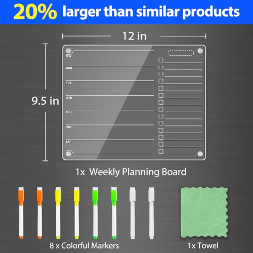 Image of PigPotParty Acrylic Magnetic Week /TODO Whiteboard for Refrigerator, 12x9.5 Inch Clear Dry Erase Checklist Board, 2-Column Fridge List with Pre-Installed Embedded Magnet, 8 Markers and 1 Towel