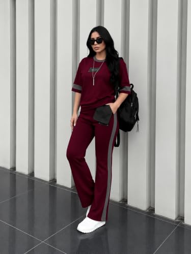 Image of Tracksuit for Women | Casual Brown Loungewear 2 Piece Set | Short Sleeve T Shirt and Wide Leg Pants with Side Stripes | Sports Jogging Co ord Matching Sweatsuit(40-N-1-4)