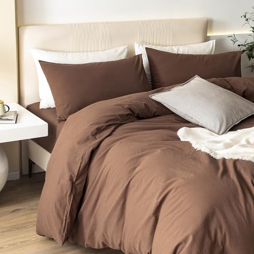 JIYUAN 100% Washed Cotton Duvet Cover Set 3 Pieces Full, 1 Duvet Cover 80x90 Inches(Comforter Not Included) and 2 Pillowcases,Linen Feel Bedding Set Comfy and Breathable,Chocolate Brown