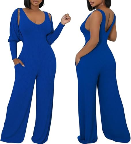 Women's Casual 2 Piece Outfits Ribbed Knitted Batwing Long Sleeve Cardigan Tank Wide Leg Jumpsuits Sets With Pocket