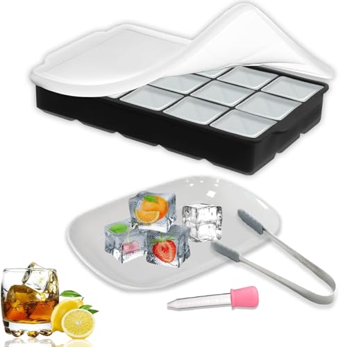 SNZ Bac a Glacon en Silicone Avec couvercle Sans BPA, Carré Moule Silicone Pour Bière, Cocktails, Whisky, Jus, Chocolat, Bonbons (Livré Avec un Petit Bol, Une Pince à Glace et un Compte-gouttes)