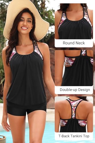 Image of Yonique Two Piece Tankini Bathing Suits T-Back Blouson Swim Tops with Boy Shorts Women Swimsuits Sporty Swimwear