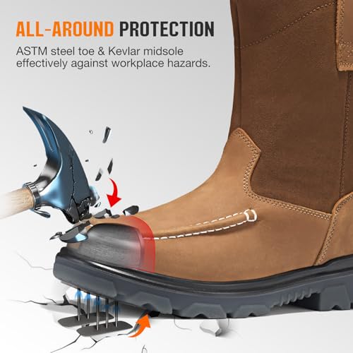 Image of NINGO Steel Toe Work Boots for Men, Waterproof Wellington Mens Boots with Full Grain Leather, Slip Resistant and Puncture Proof, Pull-On Work Shoes for Construction, Industrial and Farming