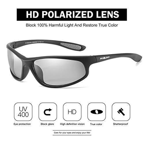 Image of FAGUMA Polarized Sports Sunglasses For Men Cycling Driving Fishing UV400 Protection, Matte Black Frame /Grey Transparency Lens, Standard