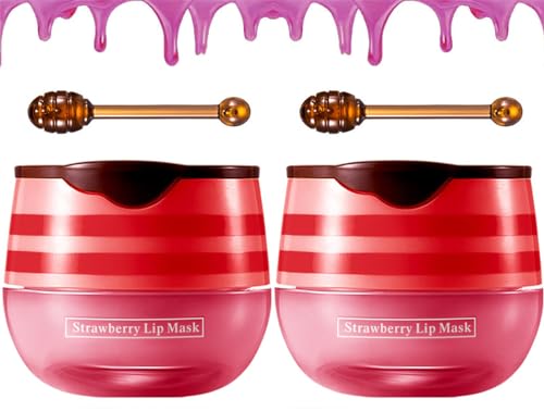 Image of Honey Lip Balm with Stick UK Honey Bee Lip Balm Pot, Moisture Propolis Lip Mask for Dry Cracked Lips, Bee Wax Lip Scrub Exfoliator with Brush for Dark Lips (Strawberry)