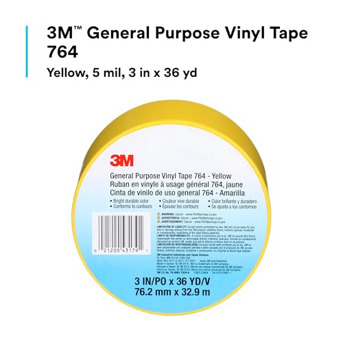 Image of 3M Vinyl Tape 764, General Purpose, 3 in x 36 yd, Yellow, 1 Roll, Light Traffic Floor Marking Tape, Social Distancing, Color Coding, Safety, Bundling