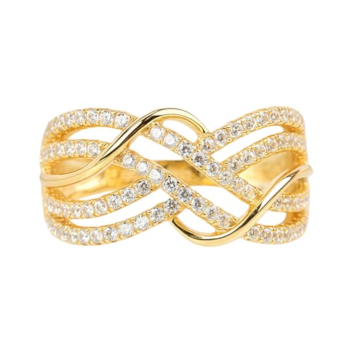 Cubic Zirconia Rings For Women, Gold Ring Copper Geometric Wave Shape Line Diamond Wedding Engagement Statement Stackable Jewelry Gift