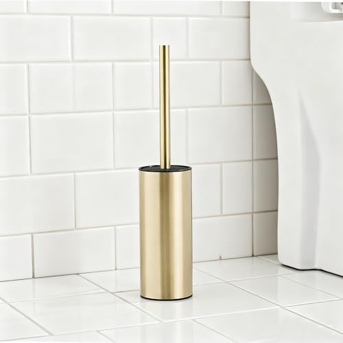 Image of Toilet Brush and Holder Set, NEWRAIN 304 Stainless Steel Toilet Brush with Long Brush Handle, Brushed Gold Toilet Scrubber and Covered Holder, Round Design Sturdy and Space Saving, Covered Brush