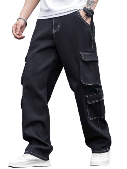 Men Cargo Pants Loose Fit Streetwear Trousers | Multi Pocket Casual Bottom Wear for Daily Use | Straight Leg Urban Style Outfit Black-image-41