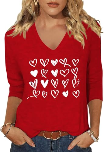 Image of Womens 3 /4 Sleeve V Neck Valentine T Shirts Love Heart Printed Graphic Tee Tops