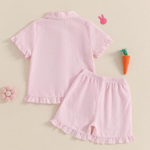 Multitrust Kids Baby Girl Easter Day Pajamas Set Plaid Bunny Carrot Button Down Shirts Ruffled Shorts Girls 2PCS Pj Set2