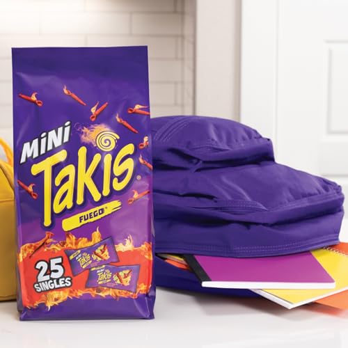 Takis Fuego Mini 25 pc / 1.23 oz Bite Size Multipack, Hot Chili Pepper & Lime Flavored Extreme Spicy Rolled Tortilla Chips (Pack of 2)