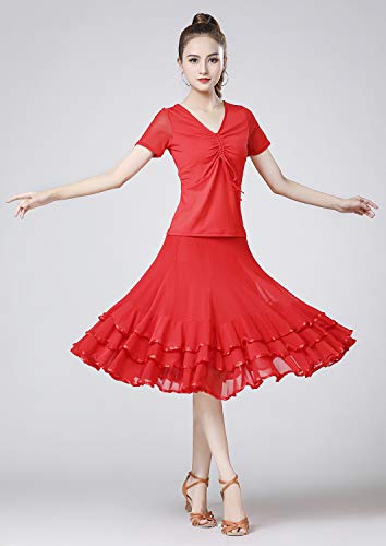 Z&X Women's Ballroom Dancing 360 Degree Long Swing Latin Salsa Rumba Flamenco Dance Skirts For Practice, Red, One Size #TOP5
