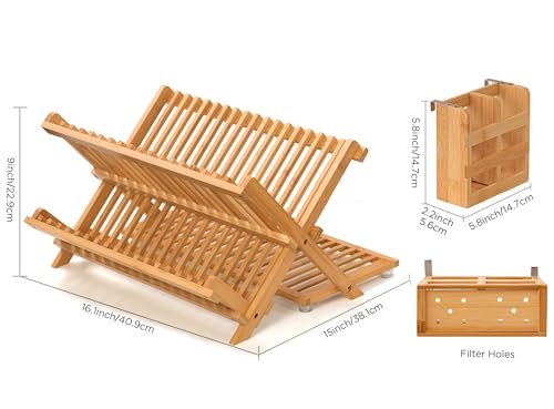 Oyydecor Bamboo Dish Drying Rack with Utensil Holder, 3 Tier Collapsible Dish Rack for Kitchen Counter, Large Folding Drying Holder, Dish Drainer, Kitchen Organizers and Storage