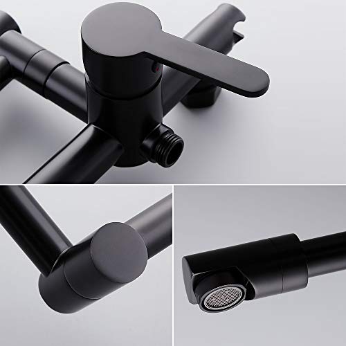Buluxe Black Pot Filler Kitchen Sink Faucet With Sprayer, Modern Single Handle Retractable Wall-Mount Pot Filler Faucet With Swing Arm In Matte Black Solid Brass #TOP5