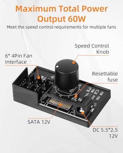 YANBORONSN Controlador PWM para 6 Ventiladores de PC, Hub PWM de 1 Entrada y 6 Salidas con Alimentación SATA/DC 5525, Regulador de Velocidad con Perilla, Salida Máxima Total 60W 5A - imagen 4