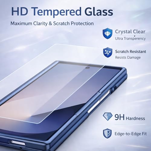 Image of Ultra Hybrid Luxury Leather Compatible with Samsung Galaxy Z Fold 7 (2025) | Built-in S Pen Holder | 360 Hinge Protection | Slim Shockproof Back Cover with Tempered Glass - Blue