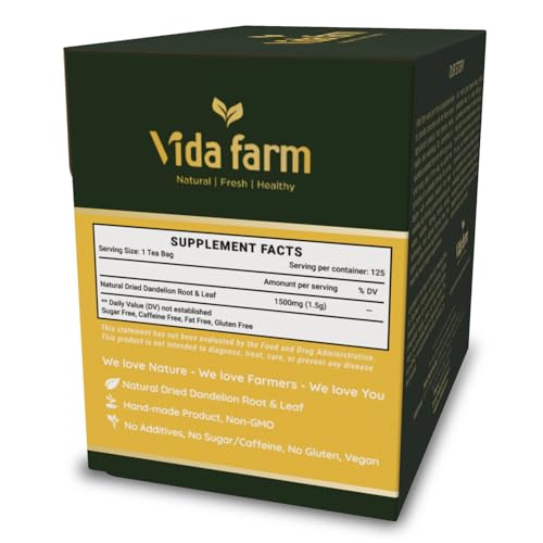Image of VIDA FARM 125 Dandelion Tea Bags - 100% Natural Dandelion Leaf & Root, Sugar Free, Caffeine Free, Non-GMO - Premium Dandelion Root Herbal Tea, Smooth Taste | 100% Natural Dandelion Leaf & Root, Sugar Free, Caffeine Free, Non-GMO - Premium Dandelion Root Herbal Tea, Smooth Taste
