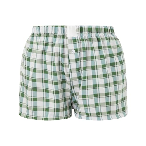 Image of Yuemengxuan Y2k Plaid Shorts Baggy Boxer Shorts for Women Elastic Waist Casual Lounge Bottom Gingham Pajama Shorts Sleepwear