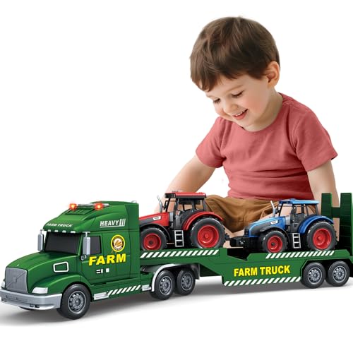 Toddler Boy Toys for 3 4 5 6 7 Years Kids, 27' Semi Flatbed Truck Toy with 2 Tractors, Friction...