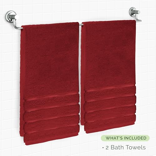 Image of Elegant Comfort 100% Turkish Cotton 4 Lines Viscose Stripe Luxury 2 Pack Bath Towel Set 27 x 54 Inch - Super Soft and Highly Absorbent Premium Hotel Spa Quality Towels for Bathroom Use, Burgundy