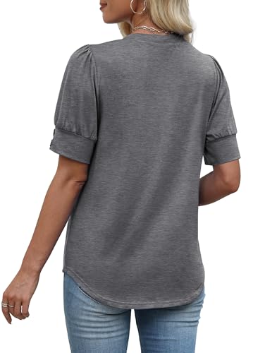 Image of OFEEFAN Womens Tops Short Sleeve Shirts Buttons V Neck Spring Fashion Summer Outfits Plus Size Blouses Dressy Casual