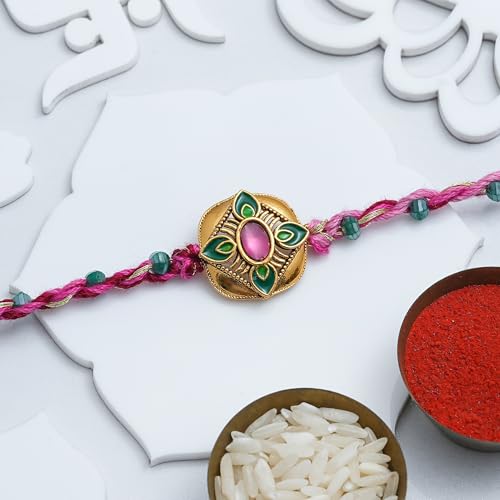 Image of eCraftIndia Kundan Beads Flower Designer Rakhi for Brother Bhaiya Bhai with Best Bro Ever Fridge Magnet | Roli Chawal Pack