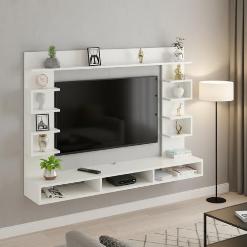 Image of FURNEASER Steven Wall Mount TV Unit for Living Room Wooden Entertainment Center with Storage Shelves Modern TV Panel Stand Showcase for up to 43 Inch Media Console Cabinet White