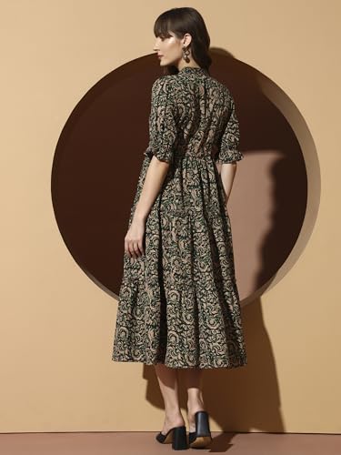Image of KZULLY | Dress for Women | Midi Dress | Floral Printed | Polyester Fabric | Bell Sleeve Ethnic A-Line | Tiered Fit & Flare | Casual & Festive