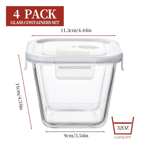 Image of H.JSS WDJS 4 Cup Square Glass Food Storage Container with Lids, Square Glass Soup Container with Airtight Lids, 32 OZ Food Prep Bowls for Leftovers, Salad, Microwave、Fridge、Dishwasher Safe (4 Pack)