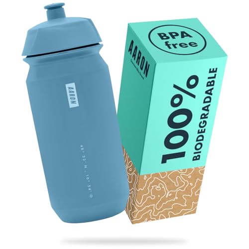 AARON Botella ecológica 100% biodegradable, 500 ml, ligera y a prueba de fugas, práctica botella de agua sin BPA para deportes, fitness, senderismo, al aire libre, color azul