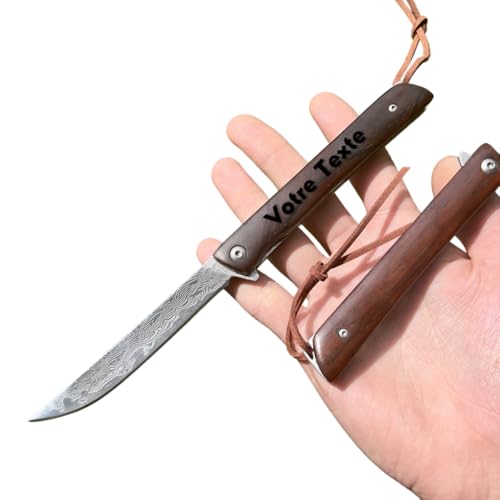 Obespina Couteau Pliant Damas Personnalisé Gravure Laser Nom Prenom Acier Damas 67 Couches VG10 Poche Linerlock Lame Tranchante Manche bois Collection Cadeau Homme Fête Père EDC