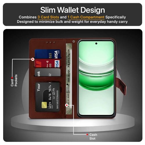 Image of WOW IMAGINE Shock Proof Flip Cover Back Case Cover for Realme C75 | Realme C73 | Narzo 80 lite 5G | P3 Lite 5G (Flexible | Leather Finish | Card Pockets Wallet & Stand | Brown)
