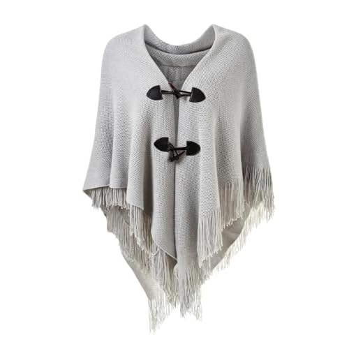 Ferand Women’s Loose Fitting Poncho Cape Shawl with Stylish Horn Buttons, V Neckline and V Hem One Size Grey