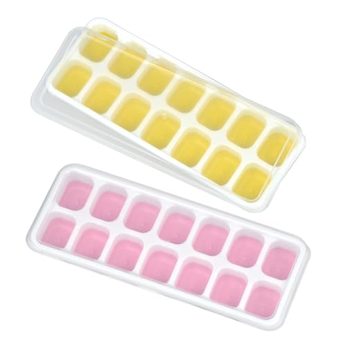 Ice Tray, with Spill-Resistant Lids,2 Pack, 28Cubes, Yellow,Pink