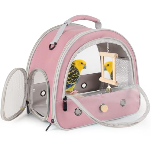 Image of Parrot Travel Cage with Bird Cage Bells Mirror Set,Portable Small Bird Parakeet Bag with Standing Perch and Comfy Mat Bird Carry Transport Bag with Clear Window Vet Visit Shopping