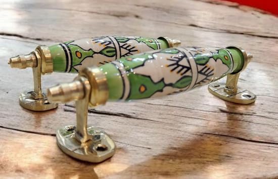 JGARTS Set of 2 Cabinet Pulls Ceramic Door Knobs Painted Kitchen Cabinet Drawer Wardrobe Pull Handles Porcelain Pattern Green and White Design 02