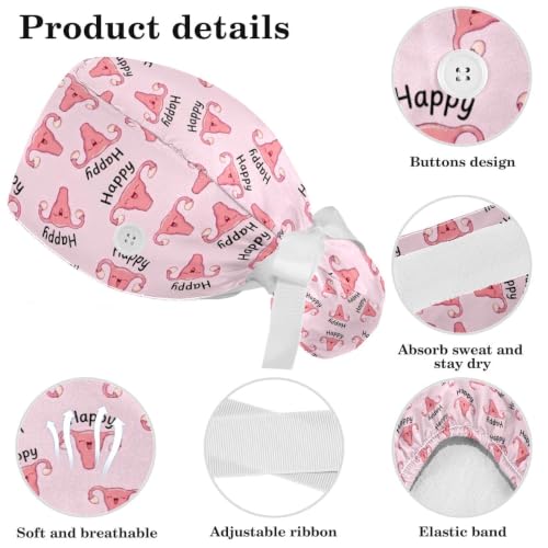Image of Butterfly Scrub Cap Women with Ponytail & Buttons Adjustable Surgical Nurse Hat with Cotton Sweatband for Long Hair