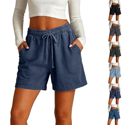 Pnfoeknev Short Jean Femme Taille Haute Té éLastique Taille Jeans Shorts Et Bermudas Baggy Jeans Y2K Bermuda pour À Cordon De Serrage Denim Short Vintage Casual Décontracté Pantalon Court Poches