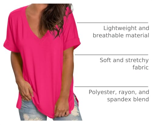 Image of Sampeel Women's V Neck T Shirts Casual Rolled Short Sleeve Side Split Summer Tops Loose Fit