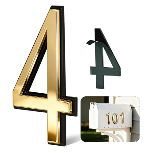 4 Inch Gold House Numbers for Outside, VONDERSO Self-Adhesive Mailbox Numbers with Exclusive Electroplated Finish and Durable ABS Base, for House Plaques, Mailbox, Yard, Garage – Plaque Number ‘4’