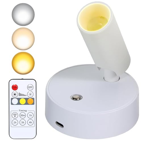 Beauenty Wireless SpotLights Indoor with Remote 3 Colour Temperatures Dimmable LED Spot Puck Lights Wall Light for Art Plants Portraits Reading (White)