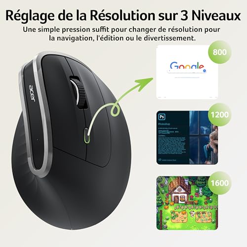 Souris ergonomique sans fil Acer rechargeable verticale 6 boutons - 6
