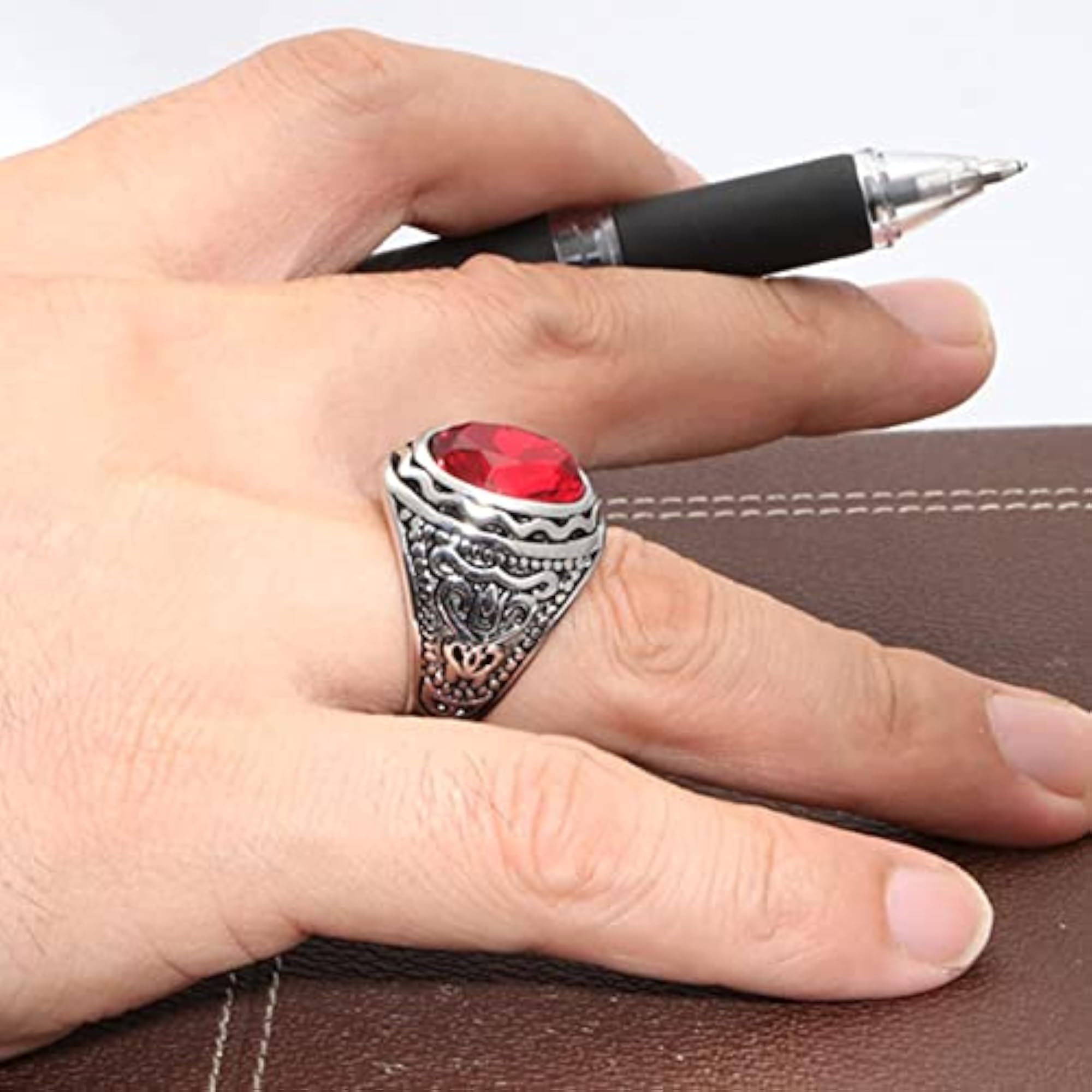 Stainless Steel Crystal Carved Ring, Unisex Gift