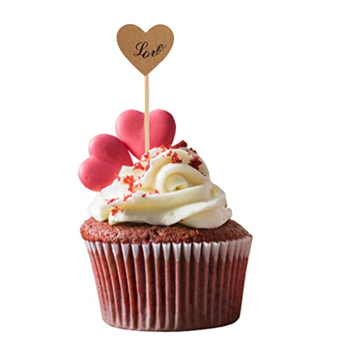Dovewill 50X Brown Kraft Paper Heart Cupcake Topper Toothpicks For Wedding Decoration Love/I Do Prints - Love #TOP2