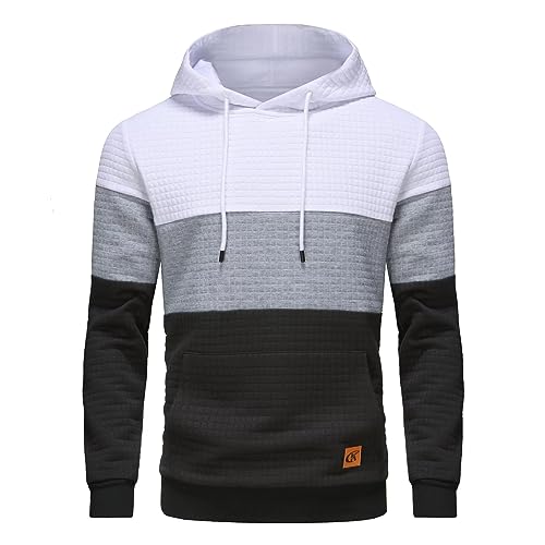 Yundobop Camisolas com capuz para homem, de jacquard, quadriculados, de manga comprida, com cordão, estilo hipster, casual, com bolsos canguru, 2-branco/cinzento claro/preto