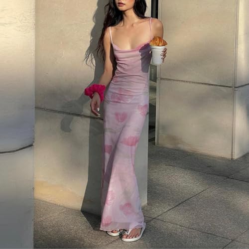 Image of Women's 2025 Summer Dresses Floral Bodycon Maxi Dress Spaghetti Strap Backless Cocktail Party Long Dresses